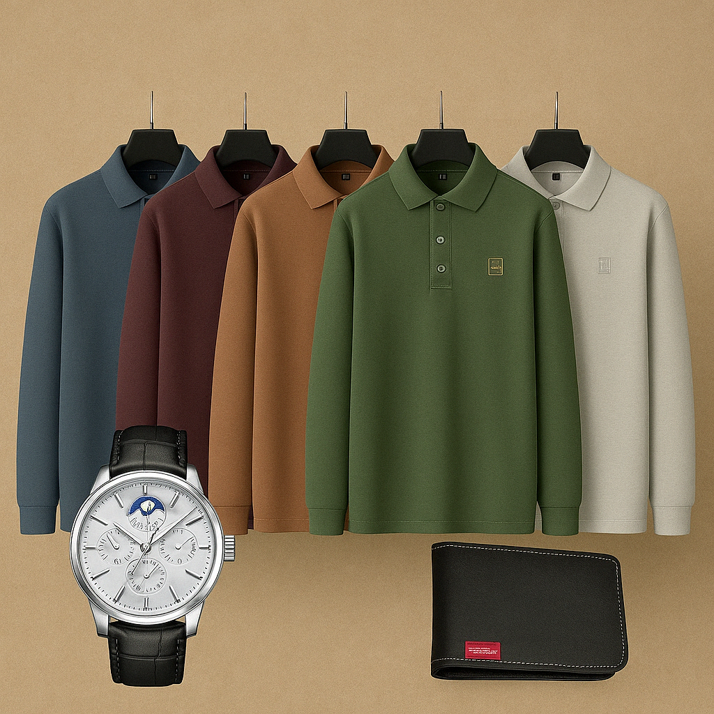 Kit de 5 Camisas: Polo de manga larga + Regalos: Reloj de lujo y Cartera | PROMOCIÓN ESPECIAL 30 AÑOS - ENVÍO GRATIS (promoción solo hoy)
